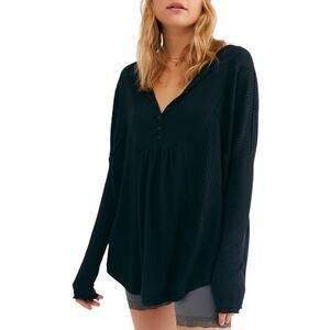 FREE PEOPLE Women’s Boho Leo Henley Black Long Sleeve Knit Top